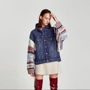 Zara Woman Knit Sleeve Fringed Denim Jacket Size Small